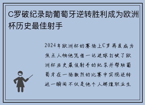 C罗破纪录助葡萄牙逆转胜利成为欧洲杯历史最佳射手