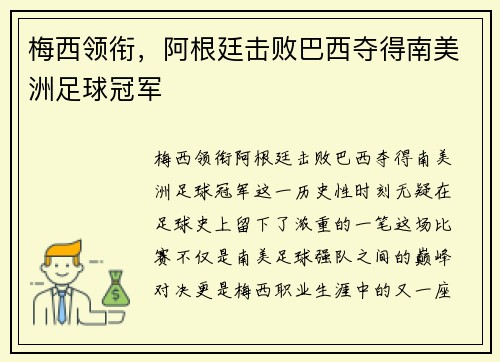 梅西领衔，阿根廷击败巴西夺得南美洲足球冠军