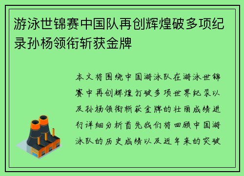 游泳世锦赛中国队再创辉煌破多项纪录孙杨领衔斩获金牌