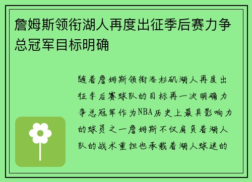 詹姆斯领衔湖人再度出征季后赛力争总冠军目标明确