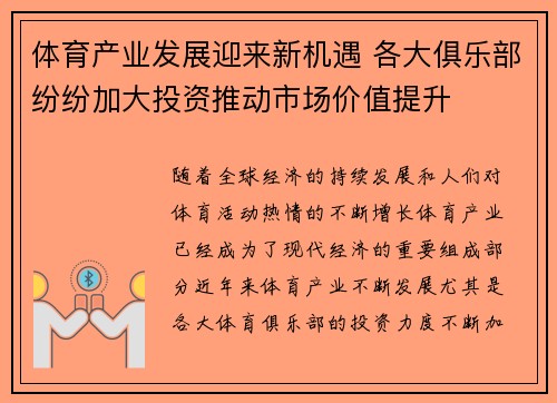 体育产业发展迎来新机遇 各大俱乐部纷纷加大投资推动市场价值提升